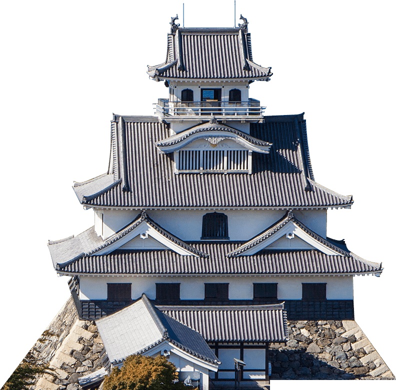 青空の下にそびえ立つ長浜城の美しい外観。歴史的な雰囲気が漂う城の全景。背景には琵琶湖が広がる