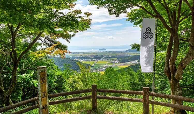 小谷城跡の山と緑豊かな風景。手前には田畑が広がり、穏やかな雰囲気